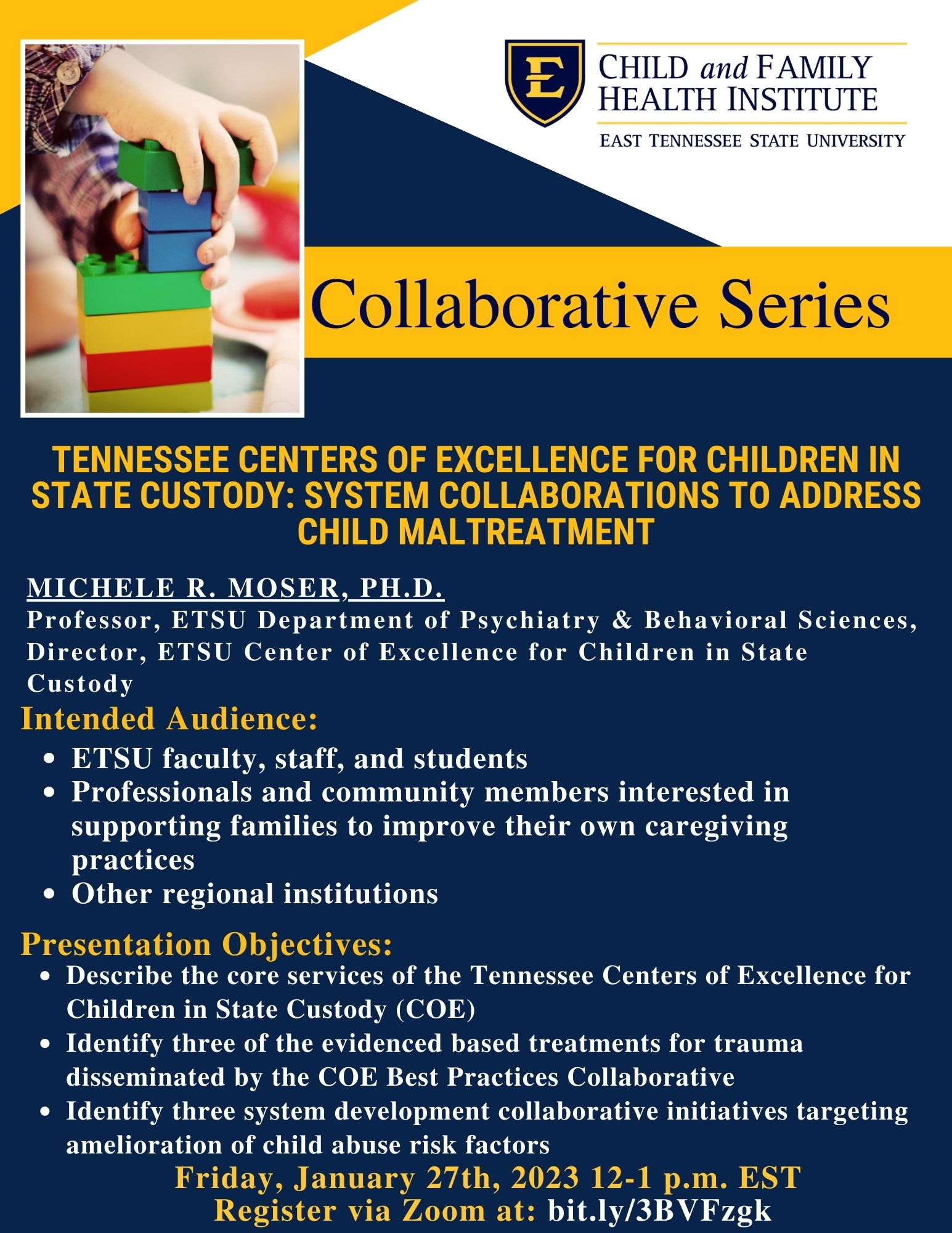 CFHI Collaborative Series - Tennessee Centers of Excellence for Children in State Custody: System Collaborations to Address Child Maltreatment - Michele R. Moser, PhD Banner